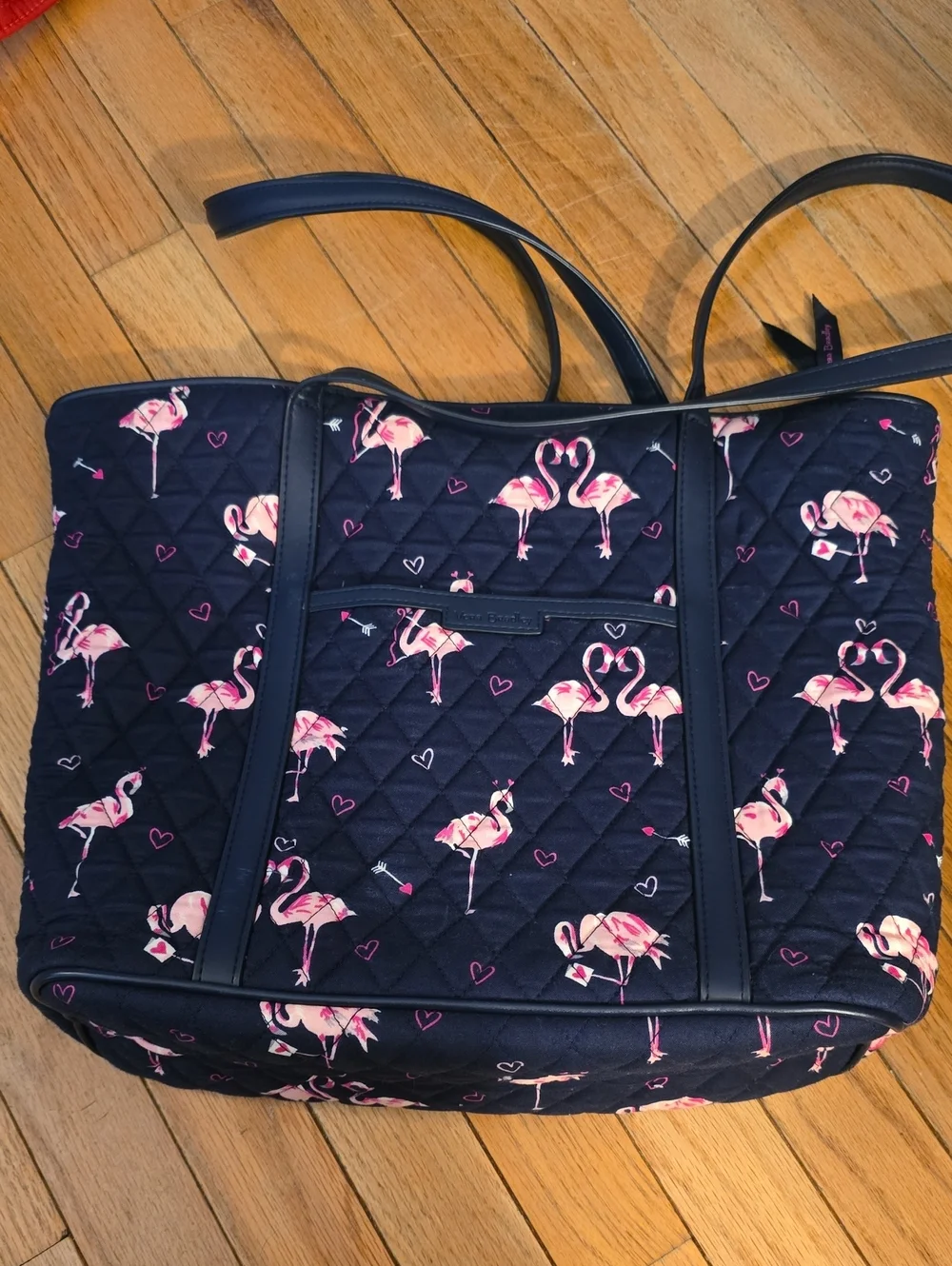 Quilted Navy Tote Bag with Pink Flamingo Print